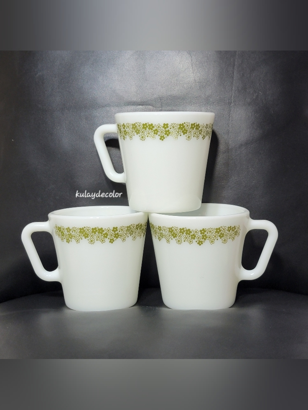 Vintage Pyrex Spring Blossom Crazy Daisy Milk Glass Mugs Set of 3 Green Floral